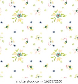 Small Flowers. Seamless Pattern with Small Simple Flowers for, Card, Brochure, Poster. Colorful Feminine Ornament. Bright, Trendy Texture in, Liberty Style. Background with Small Flowers.