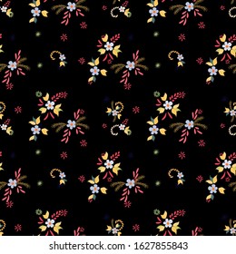 Small Flowers. Seamless Pattern with Small Simple Flowers for, Brochure, Swimwear, Print. Colorful Girlie Ornament. Bright, Modern Texture in, Rustic Style. Background with Small Flowers.