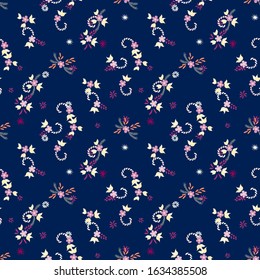 Small Flowers. Seamless Pattern with Small Simple Flowers for, Cover, Curtains, Dress. Bright, Trendy Texture in, Country Style. Colorful Girlie Ornament. Background with Small Flowers.