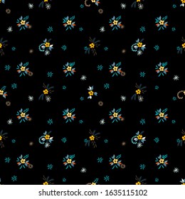 Small Flowers. Seamless Pattern with Small Simple Flowers for, Swimwear, Paper, Banner. Colorful Girlie Ornament. Bright, Retro Texture in, Liberty Style. Background with Small Flowers.