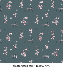 Small Flowers. Seamless Pattern with Small Simple Flowers for, Curtains, Poster, Print. Bright, Retro Texture in Country Style. Colorful Feminine Ornament. Background with Small Flowers.