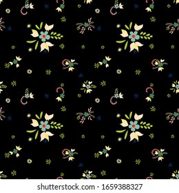 Small Flowers. Seamless Pattern with Small Simple Flowers for, Curtains, Paper, Brochure. Colorful Girlie Ornament. Bright, Retro Texture in, Country Style. Background with Small Flowers.