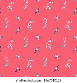 Small Flowers. Seamless Pattern with Small Simple Flowers for, Swimwear, Tablecloth, Curtains. Bright, Modern Texture in, Liberty Style. Colorful Girlie Ornament. Background with Small Flowers.
