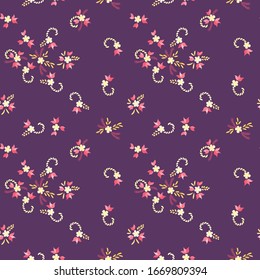 Small Flowers. Seamless Pattern with Small Simple Flowers for, Print, Textile, Curtains. Bright, Trendy Texture in, Liberty Style. Colorful Girlie Ornament. Background with Small Flowers.