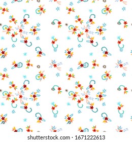 Small Flowers. Seamless Pattern with Small Simple Flowers for, Cloth, Print, Paper. Bright, Modern Texture in, Liberty Style. Colorful Girlie Ornament. Background with Small Flowers.