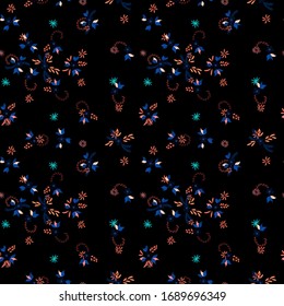 Small Flowers. Seamless Pattern with Small Simple Flowers for, Tablecloth, Brochure, Poster. Bright, Retro Texture in, Liberty Style. Colorful Feminine Ornament. Background with Small Flowers.