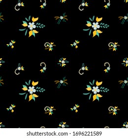 Small Flowers. Seamless Pattern with Small Simple Flowers for, Curtains, Wallpaper, Paper. Colorful Feminine Ornament. Bright, Modern Texture in, Liberty Style. Background with Small Flowers.