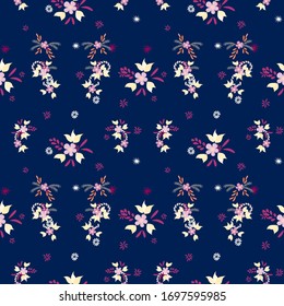 Small Flowers. Seamless Pattern with Small Simple Flowers for, Poster, Textile, Curtains. Colorful Feminine Ornament. Bright, Retro Texture in, Liberty Style. Background with Small Flowers.