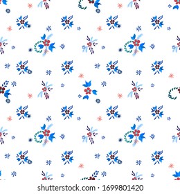 Small Flowers. Seamless Pattern with Small Simple Flowers for, Curtains, Card, Paper. Colorful Feminine Ornament. Bright, Vintage Texture in, Rustic Style. Background with Small Flowers.