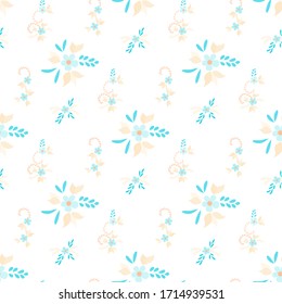 Flores pequeñas. Patrón transparente con pequeñas flores simples para, tarjeta, folleto, tela. Ornamento Femenino colorido. Textura clara y brillante en estilo rústico. Fondo con flores pequeñas.