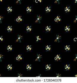 Small Flowers. Seamless Pattern with Small Simple Flowers for, Fabric, Dress, Curtains. Bright, Retro Texture in, Country Style. Colorful Feminine Ornament. Background with Small Flowers.