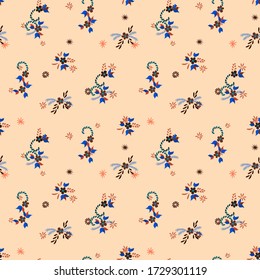 Small Flowers. Seamless Pattern with Small Simple Flowers for, Print, Paper, Cover. Bright, Vintage Texture in, Country Style. Colorful Feminine Ornament. Background with Small Flowers.
