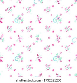 Small Flowers. Seamless Pattern with Small Simple Flowers for, Fabric, Dress, Swimwear. Bright, Vintage Texture in, Liberty Style. Colorful Feminine Ornament. Background with Small Flowers.