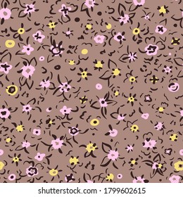 Small flowers seamless pattern. Simple floral texture. Daysy silhouettes and line drawing. Different meadow plants. Summer botanical background. For fabric and texture,