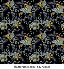 Small Flowers Seamless Pattern. Subtle Floral Rapport for Textile, Paper, Cloth. Gentle Ornament with Different Blossoms on Black Background