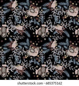 Small Flowers Seamless Pattern. Subtle Floral Rapport for Textile, Paper, Cloth. Gentle Ornament with Different Blossoms on Black Background
