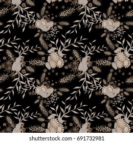 Small Flowers Seamless Pattern. Subtle Floral Rapport for Textile, Paper, Cloth. Gentle Ornament with Different Blossoms on Black Background