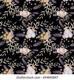 Small Flowers Seamless Pattern. Subtle Floral Rapport for Textile, Paper, Cloth. Gentle Ornament with Different Blossoms on Black Background