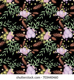 Small Flowers Seamless Pattern. Subtle Floral Rapport for Textile, Paper, Cloth. Gentle Ornament with Different Blossoms on Black Background
