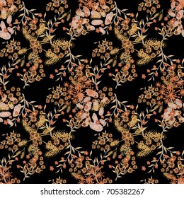 Small Flowers Seamless Pattern. Subtle Floral Rapport for Textile, Paper, Cloth. Gentle Ornament with Different Blossoms on Black Background