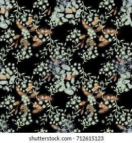 Small Flowers Seamless Pattern. Subtle Floral Rapport for Textile, Paper, Cloth. Gentle Ornament with Different Blossoms on Black Background