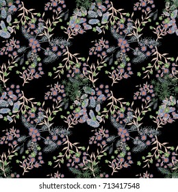 Small Flowers Seamless Pattern. Subtle Floral Rapport for Textile, Paper, Cloth. Gentle Ornament with Different Blossoms on Black Background