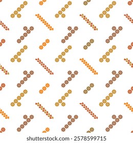 Small flowers in seamless pattern. Warm colors, earth tones florals and leaves, zigzag pattern.