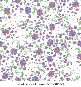 Small Flowers. Seamless Retro Pattern in Country Style. Floral White Background with Feminine Romantic Ornament. Good for Calico, Textile, Fabric, Print, Wallpaper. Vintage Design
