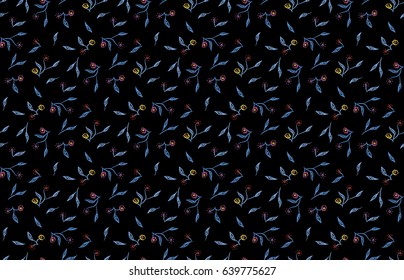 Small Flowers for Seamless Texture. Black Ditsy Pattern Many Little Flowers Random Scattered on Background. Feminine Ornament for Textile, Fabric, Wallpaper. Liberty Style