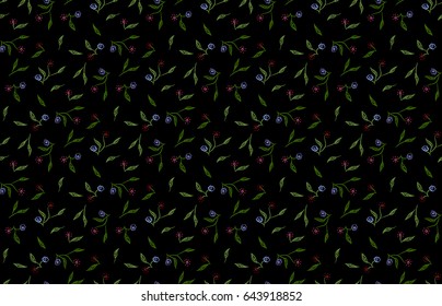 Small Flowers for Seamless Texture. Black Ditsy Pattern Many Little Flowers Random Scattered on Background. Feminine Ornament for Textile, Fabric, Wallpaper. Liberty Style