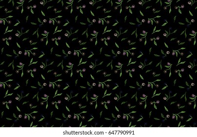 Small Flowers for Seamless Texture. Black Ditsy Pattern Many Little Flowers Random Scattered on Background. Feminine Ornament for Textile, Fabric, Wallpaper. Liberty Style