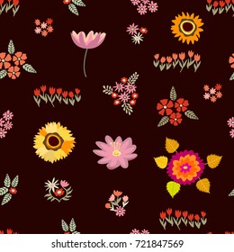 Small flowers. Seamless vector pattern with different floral elements. Sunflowers, asters, tulips on brown background. Japanese, Chinese, Korean motifs. Vintage textile collection.