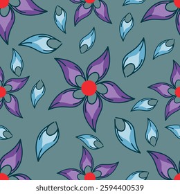 Small flowers spring summer beautiful seamless motif pattern illustration. floral daisy, peony, lily, tulip with leaves and bouquet white. Fabric motif texture repeated. Grey background.