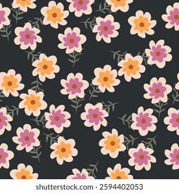 Small flowers spring summer beautiful seamless motif pattern illustration. floral daisy, peony, lily, tulip with leaves and bouquet white. Fabric motif texture repeated. Grey background.