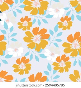 Small flowers spring summer beautiful seamless motif pattern illustration. floral daisy, peony, lily, tulip with leaves and bouquet white. Fabric motif texture repeated. Grey background.