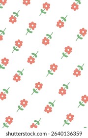 Small flowers with stems are arranged diagonally on a white background in a clean style. The blossoms are evenly spaced, creating a seamless pattern effect. Cartoon vector illustration.
