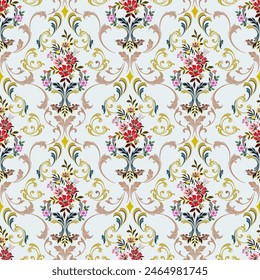 Small flowers, sweet colors in a vintage Baroque style combined with Louis patterns. On a background of romantic colors Seamless for digital printing, textiles, wallpapers.