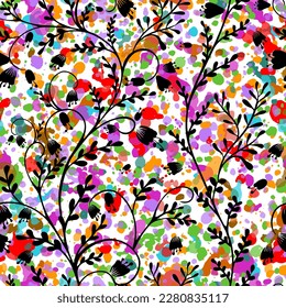 Small flowers and twigs with colored blots. Vector illustration