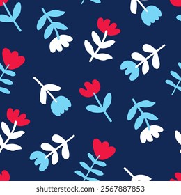 Small flowers with uneven edges for baby prints for the fabric of jackets, outerwear, coats. Cute floral repeat texture for pattern, wallpaper. Red, white, light blue flowers on dark blue background.
