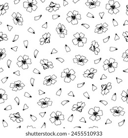 Small Flowers Vector seamless Pattern. Hand drawn Ditsy print. Outline illustration of white floral background. Tiny petals flying black line art drawing. Sketch liberty and elegant motif for fabrics