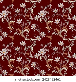 Small flowers in a vintage Baroque style mixed with a Louis pattern in shades of gray and white on a dark red background. Seamless for digital printing, textiles, wallpapers.