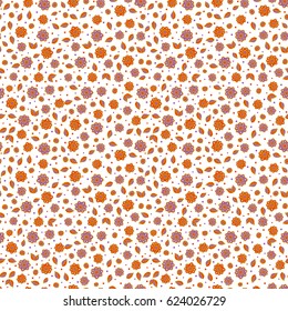 Small flowers in yellow, violet and orange colors on a white background. Hand drawn vector illustration. Ditsy style. Flower vector seamless pattern in vintage style.