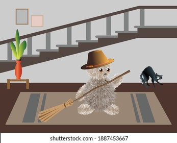 A small fluffy brownie sweeps the floor in the house. A kind home spirit, which in ancient Slavic mythology is the protector and keeper of the hearth, brings happiness to the house. Vector drawing.