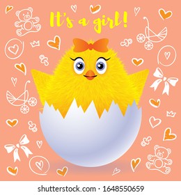 A small fluffy chicken hatched from an egg. Vector illustration of a happy birthday card.