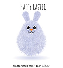 Small fluffy grey smiling Easter Bunny on a white background. Vector illustration for happy Easter greeting card