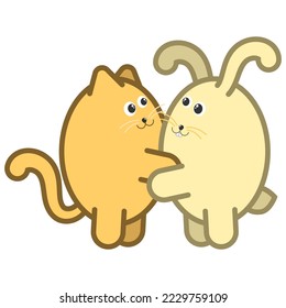 Small fluffy kitten and rabbit with long ears hug each other. Symbols of 2023. Cartoon Vector isolated on white background
