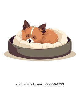 Small fluffy puppy on a cushion icon isolated