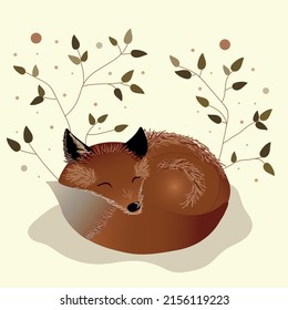 small fluffy sleeping fox in the shade of trees and branches. shades of red and green. cute illustration