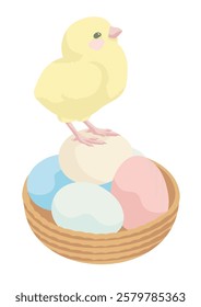 A small fluffy yellow chick on Easter eggs basket