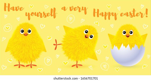 Small fluffy yellow Chicks, seamless border. Vector illustration of a happy Easter card